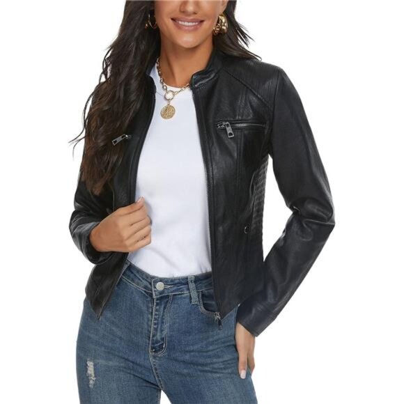 Black Faux Leather Jackets for Women Motorcycle PU Moto Biker Outwear Coat
